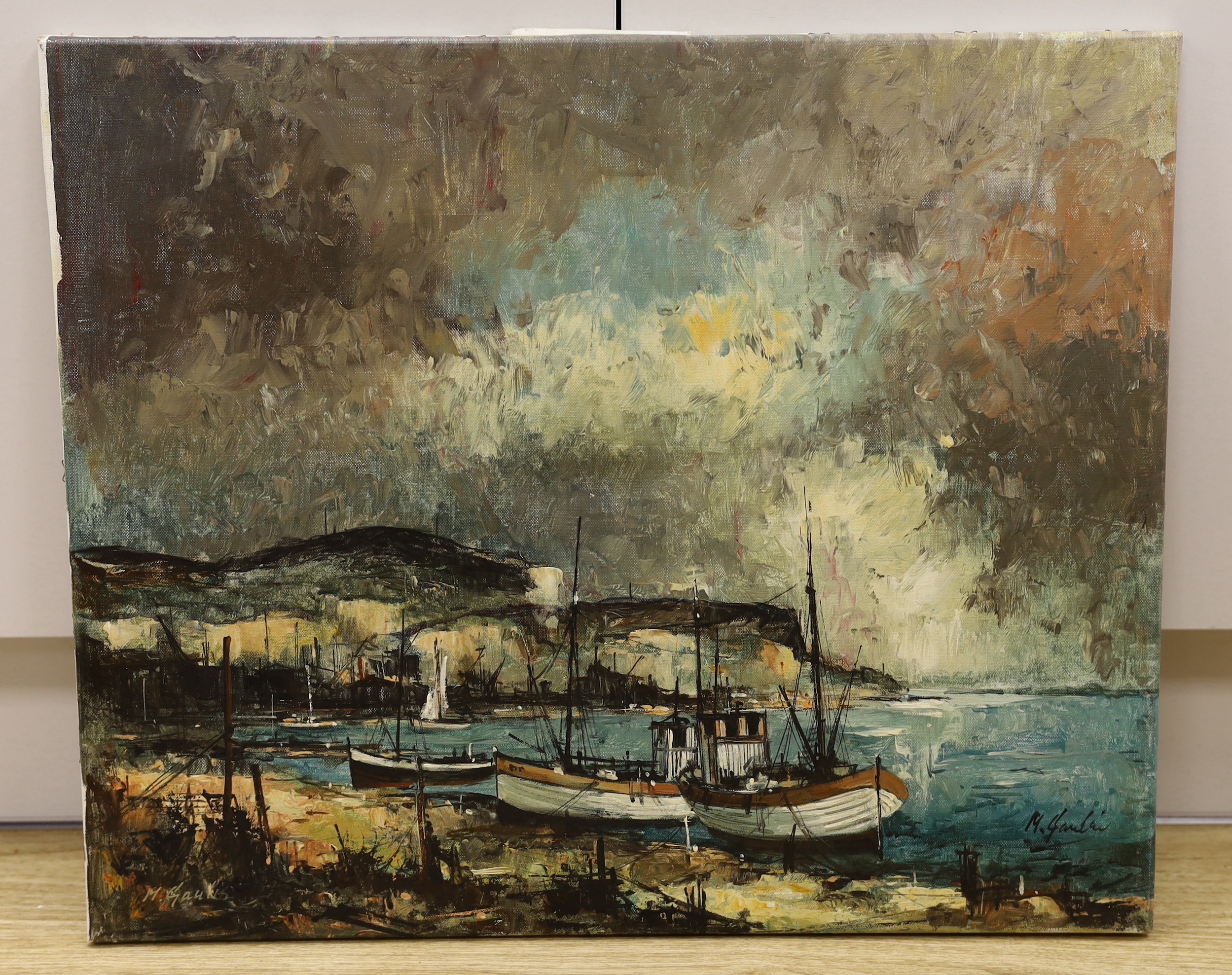 English School, oil on canvas, Fishing boats along the shore, indistinctly signed, 51 x 61cm, unframed